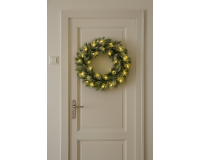 Karácsonyi koszorú kopogtató ajtóra 60 cm – havas fenyőágakkal és led fényekkel